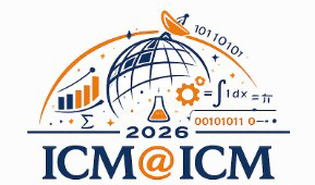 Graphic with a globe, satellite dish, lab beaker and text that reads: 2026 ICM @ ICM.