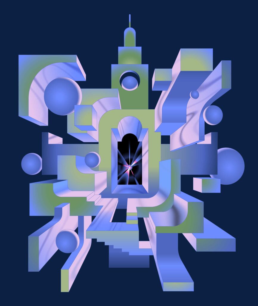 An illustration with geometric and architectural shapes in isometric perspective.